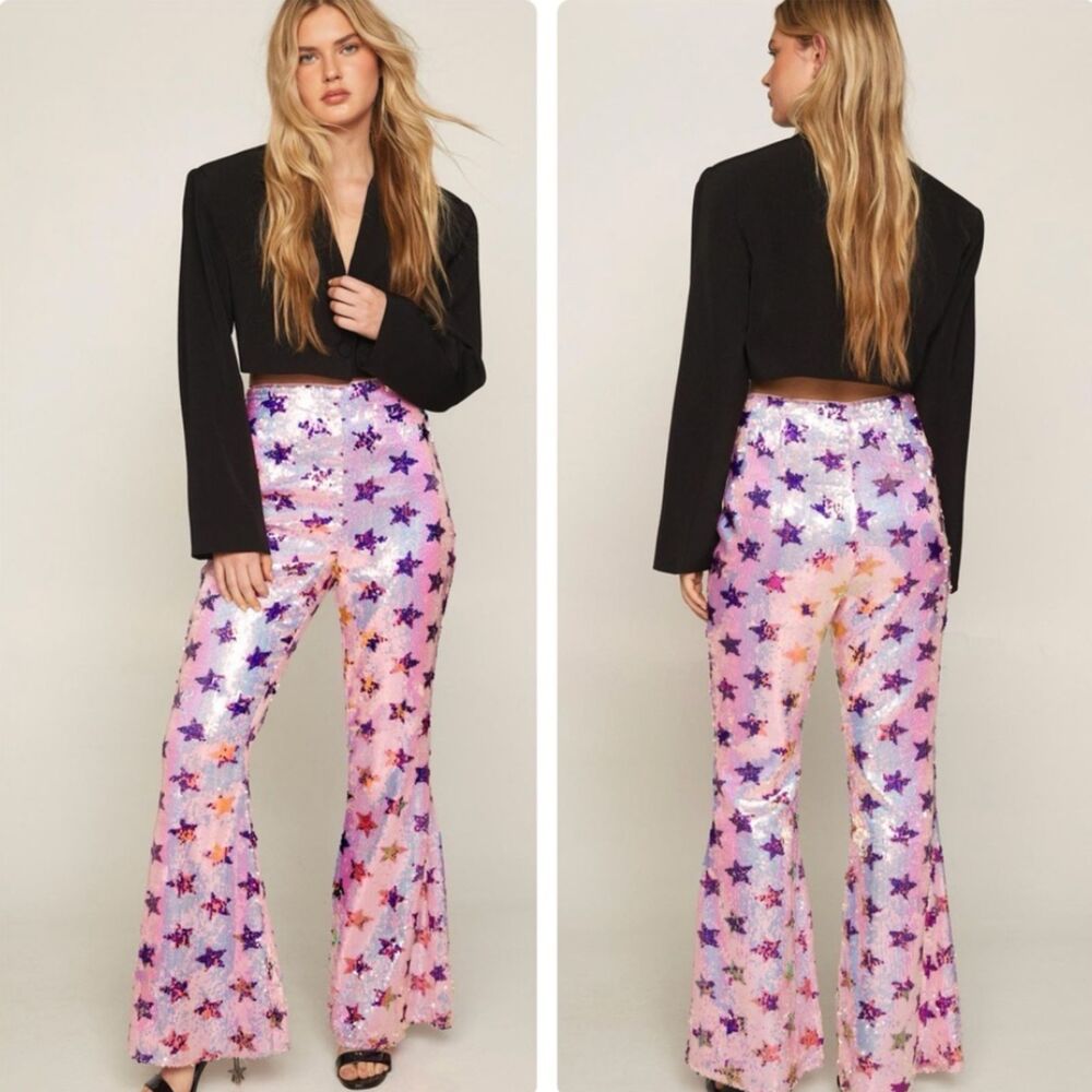 Nasty Gal Pink Purple Star Sequin Flare Pants NWT Size Small (US 6) Festival